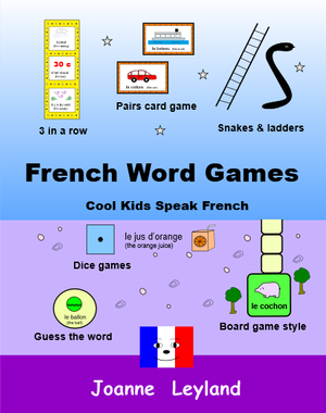 Extracts from a selection of games appear on the cover of French word games by Joanne Leyland